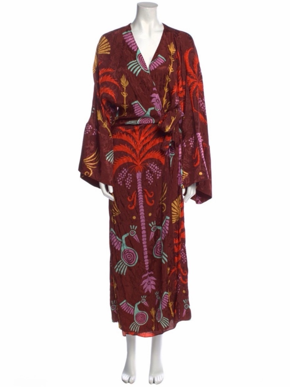 Johanna Ortiz Vintage-Inspired Wrap Dress in Burgundy with Multicolor Palm Print